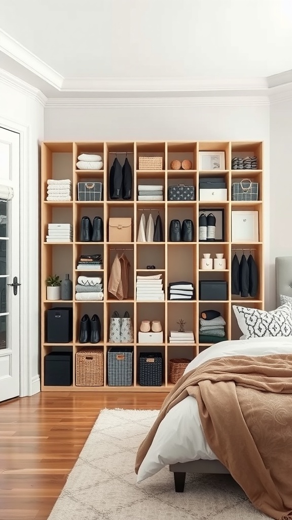 A wooden cubby unit filled with neatly arranged clothes, storage boxes, and decorative items in a bedroom.