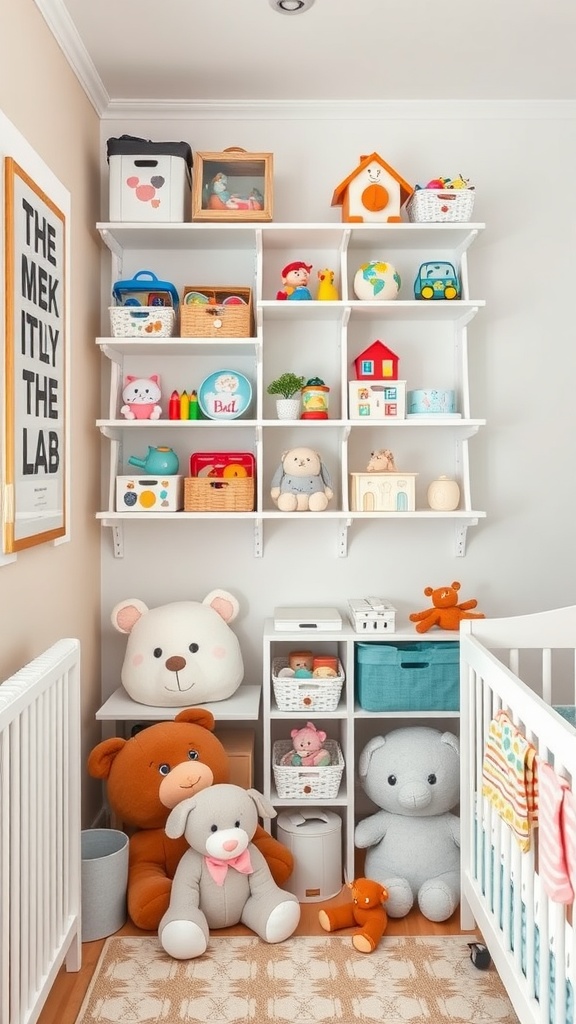 A neatly organized nursery corner featuring a vertical shelving unit filled with colorful toys and bins, plush animals on the floor, and a crib beside it.