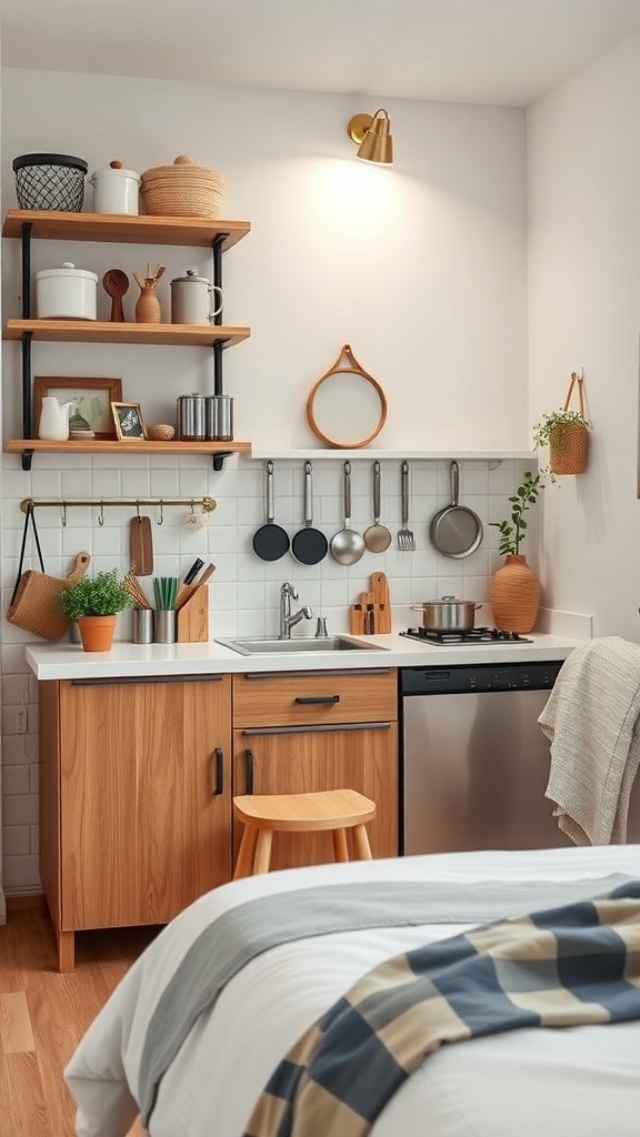 A small kitchen featuring vertical storage with open shelves, hooks for utensils, and a compact layout.