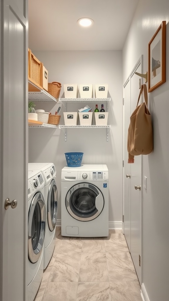 A small laundry room with vertical storage solutions including shelves and baskets.