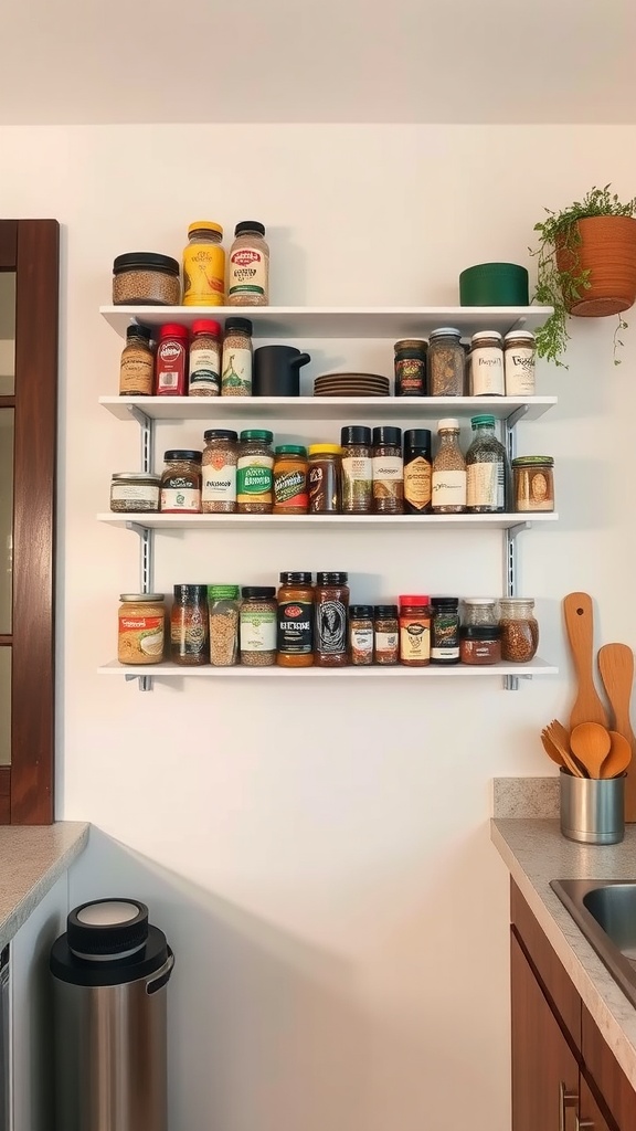 Wall-mounted shelves in a mini kitchen displaying various jars and spices for vertical storage.