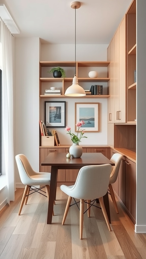 Cozy dining area with vertical storage shelves and a wooden dining table