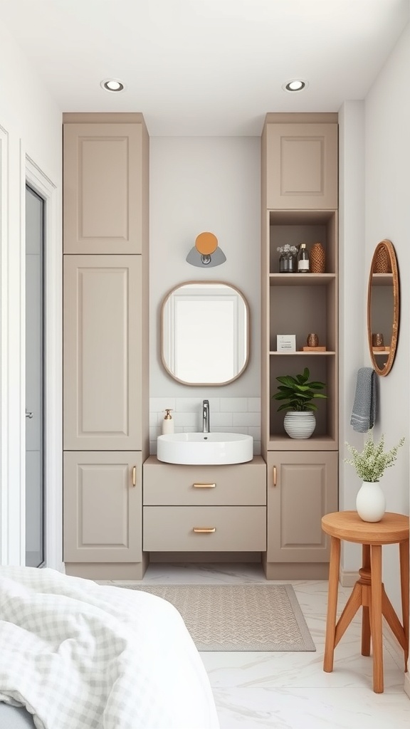 A modern small bathroom featuring vertical storage solutions with cabinets and open shelves.