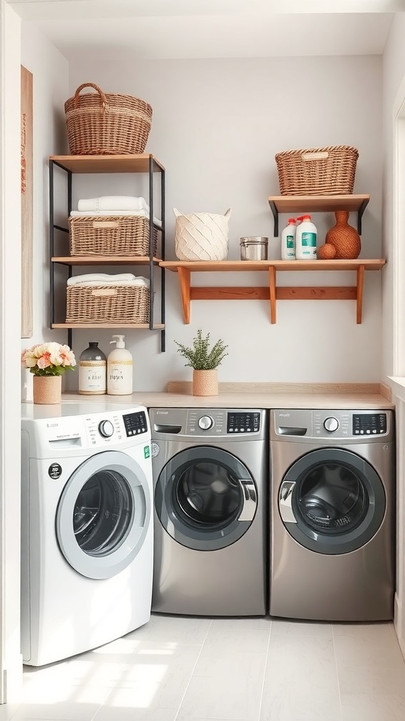 A small laundry room featuring vertical storage solutions with shelves and baskets.