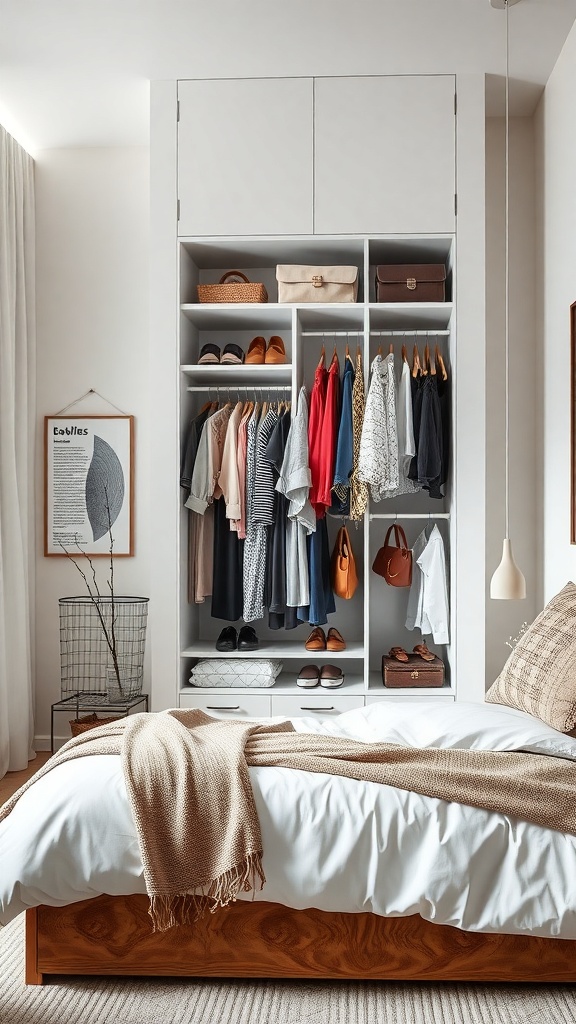 A stylish vertical storage unit in a small bedroom, featuring hanging clothes, shelves for bags, and closed cabinets.