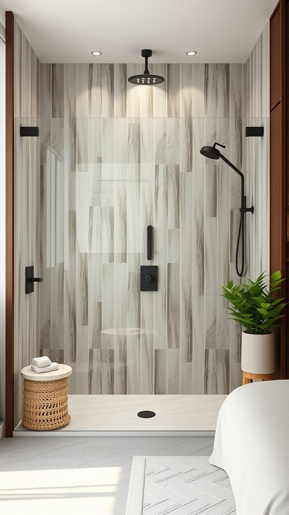 A modern shower with vertical tile layout, featuring light-colored tiles, black fixtures, and a plant.