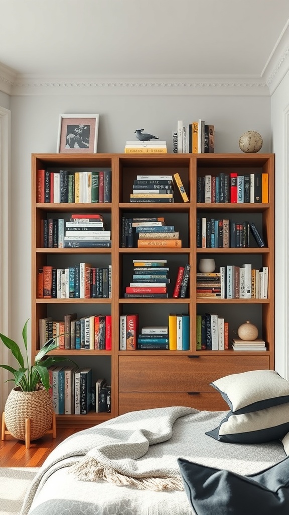 A modern bookshelf featuring a mix of vertical and horizontal book stacking, with decorative items and plants.