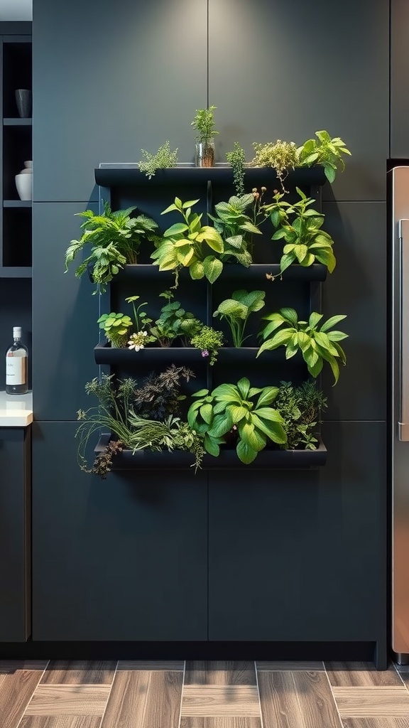 Vertical wall planter filled with various herbs and plants in a modern kitchen setting.