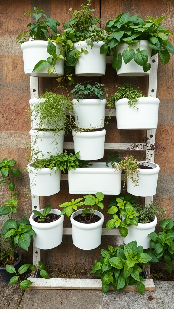 A vertical wall display of white planters filled with various green plants.