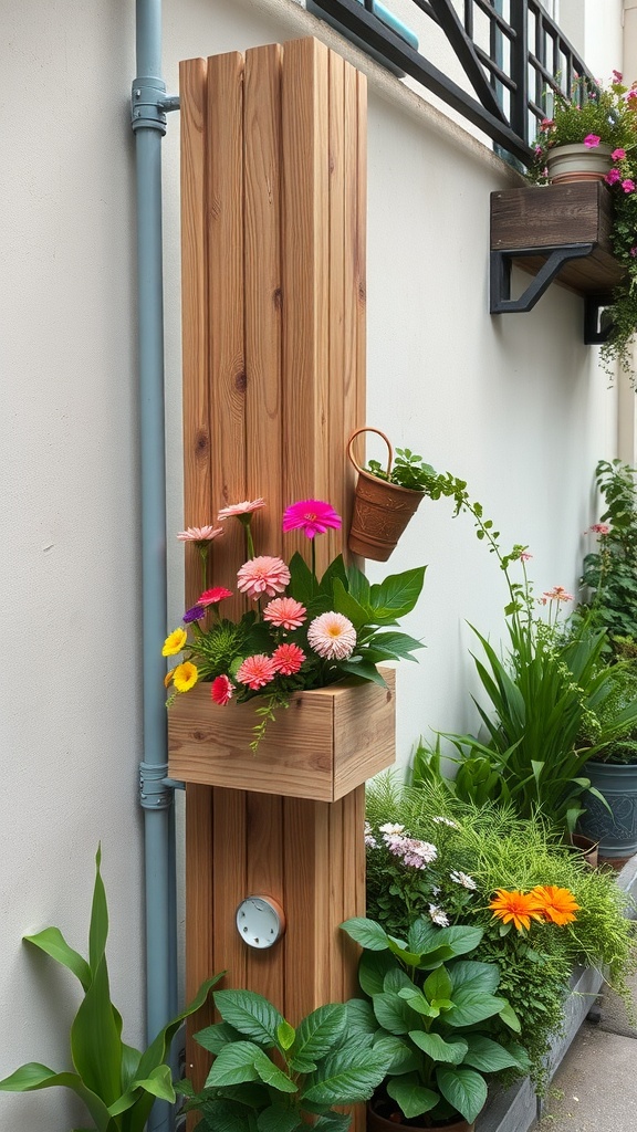Vertical wooden planter with colorful flowers