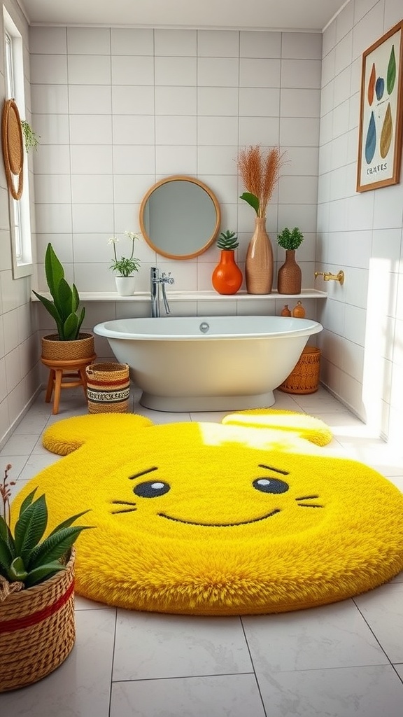 A colorful kids bathroom featuring a yellow bath mat with a smiley face, plants, and a bathtub.