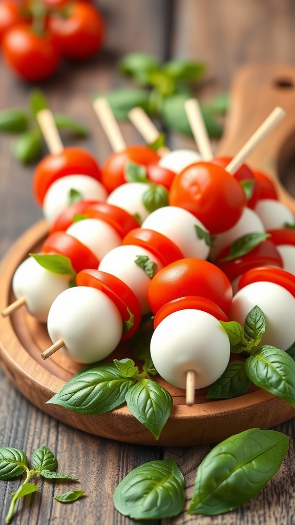 Caprese skewers with cherry tomatoes, mozzarella balls, and fresh basil on a wooden platter.