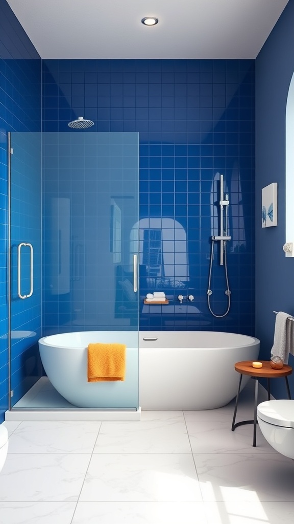 A modern bathroom featuring a vibrant cobalt blue shower with glass enclosure, a freestanding white bathtub, and an orange towel.