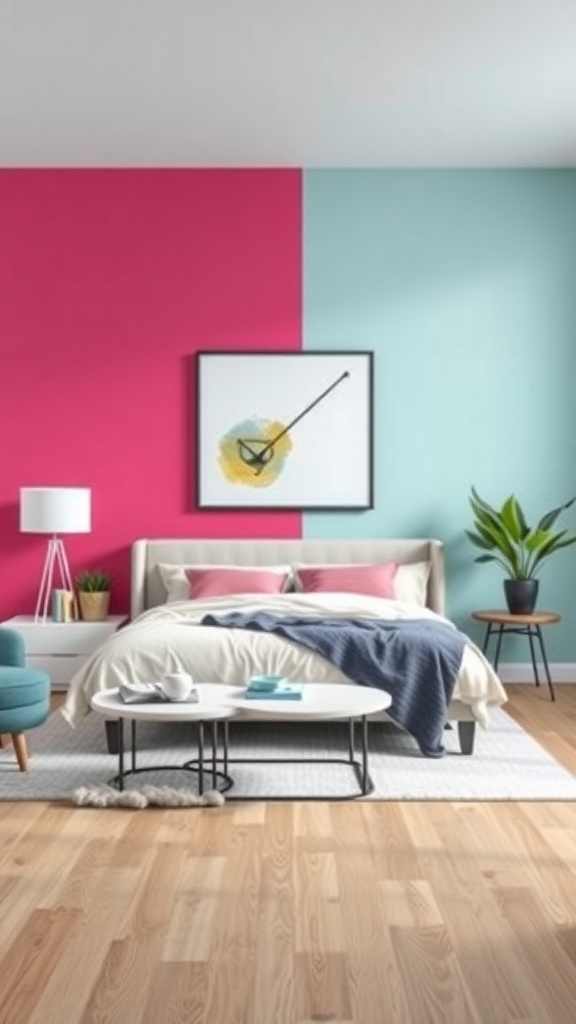 A living room with a pink and blue accent wall, featuring a bed, decorative items, and a plant.