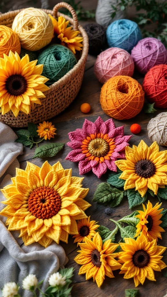 Crochet sunflowers and colorful yarn balls arranged beautifully on a wooden table.