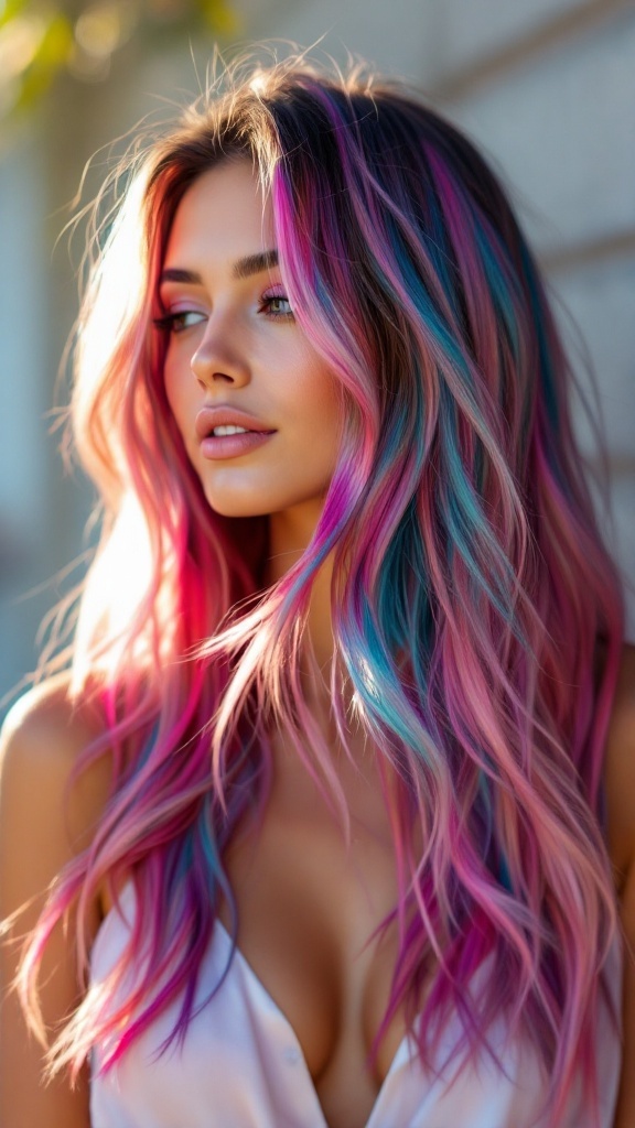 Medium length hair with vibrant pink and blue highlights in long layers