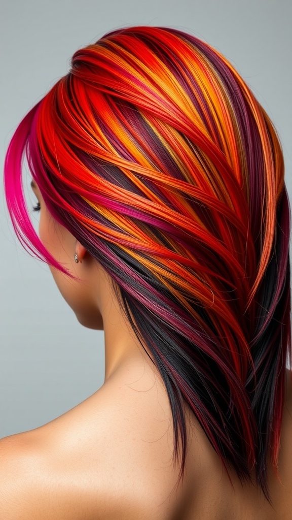 A vibrant hairstyle featuring a blend of red, orange, and purple colors with black undertones, showcasing the color melting technique.