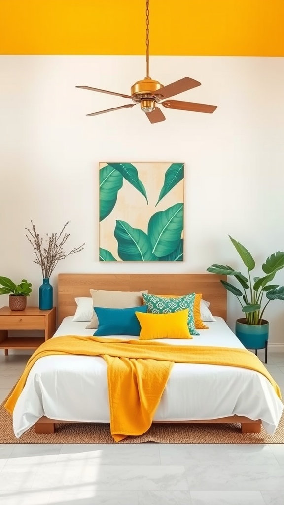 A bright and colorful tropical bedroom with yellow ceiling, blue and yellow bedding, and green plants.