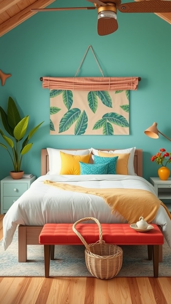 A tropical-themed bedroom with turquoise walls, colorful bedding, and natural decor elements.