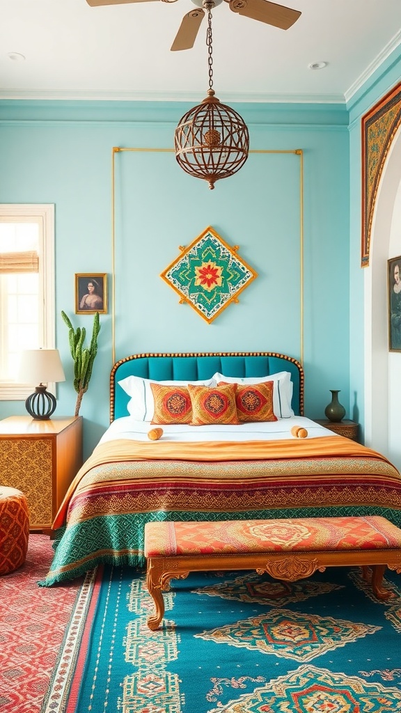 A vibrant Moroccan-inspired bedroom featuring blue walls, colorful textiles, and intricate patterns.