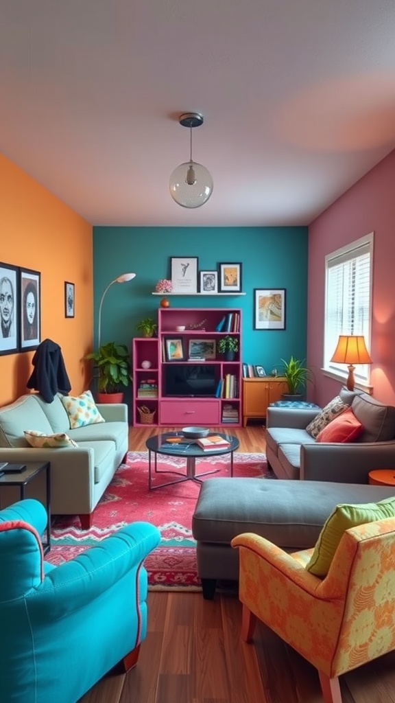 A basement living room with vibrant colors, featuring teal and orange walls, colorful furniture, and lively decor.