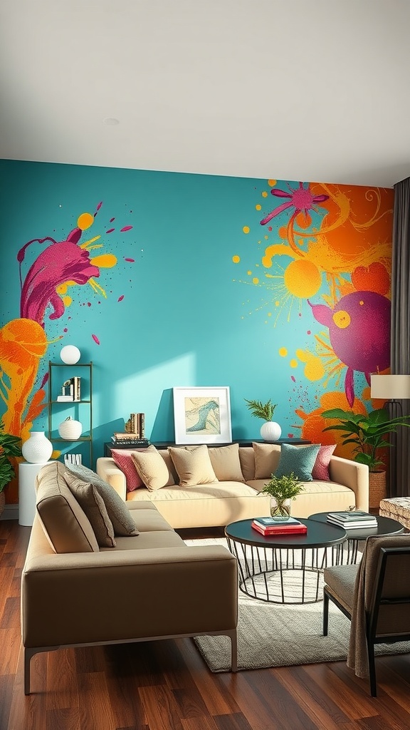 Living room with a vibrant turquoise accent wall featuring artistic splashes of orange and pink