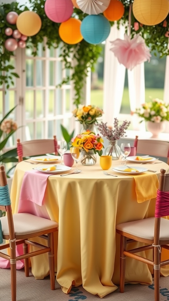 A festive table setup for a baby shower featuring vibrant yellow, pink, and orange tablecloths with floral centerpieces and colorful decorations.