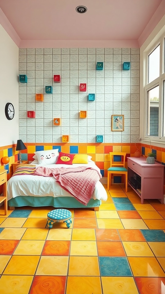 A colorful bedroom with vibrant tiled floors, showcasing a playful design.