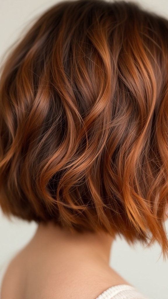 Wavy medium brown hair with vibrant copper highlights
