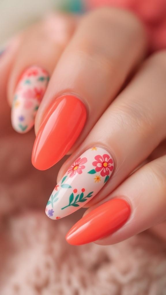 Vibrant coral almond nails with floral designs, paired with delicate rings and a soft green sweater.