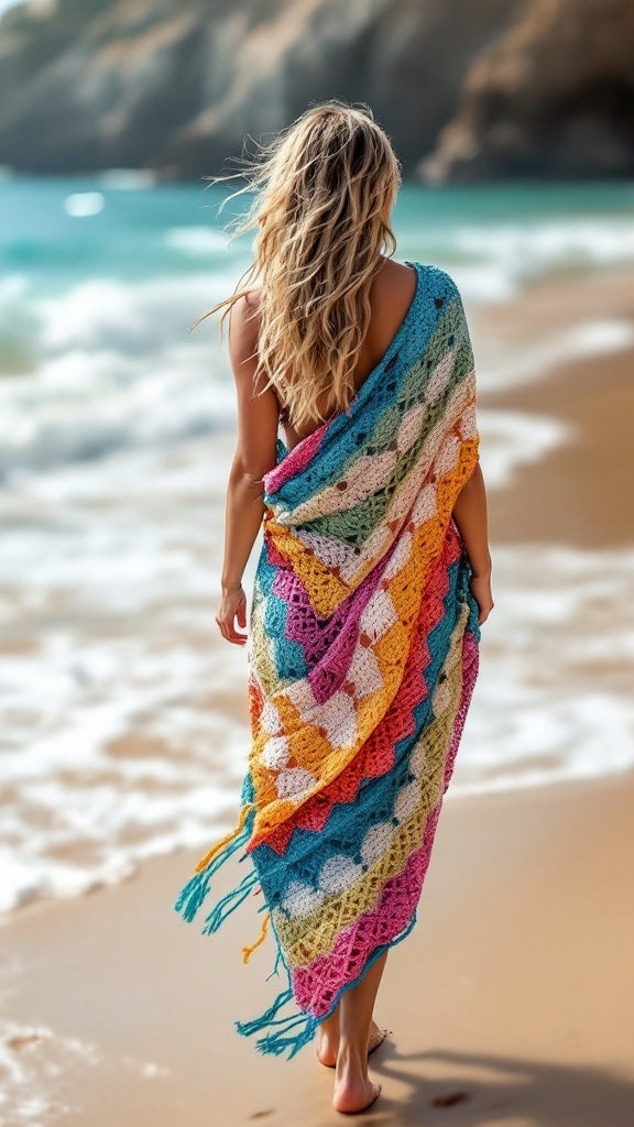 A woman walking along the beach wearing a colorful crochet sarong, with waves in the background.