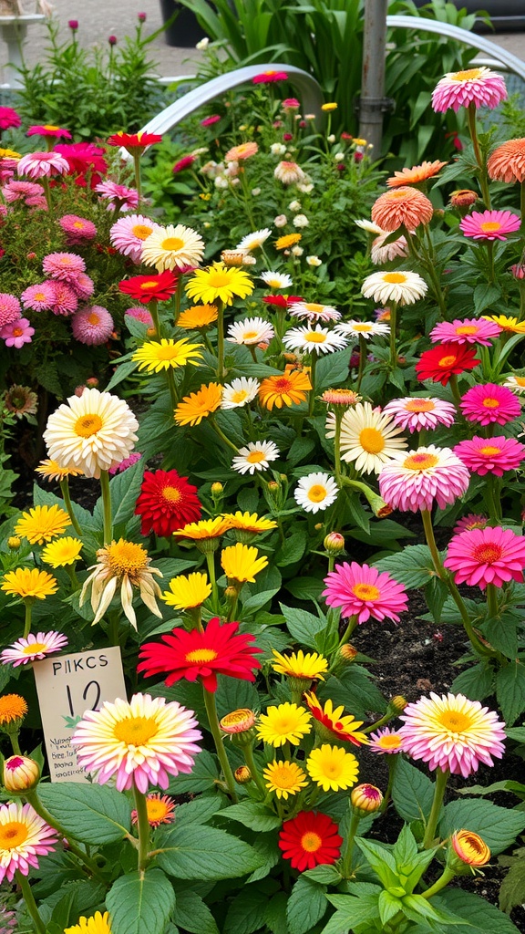 A colorful display of vibrant flowering non-toxic plants, including pink, yellow, and red flowers, with green leaves in a garden setting.