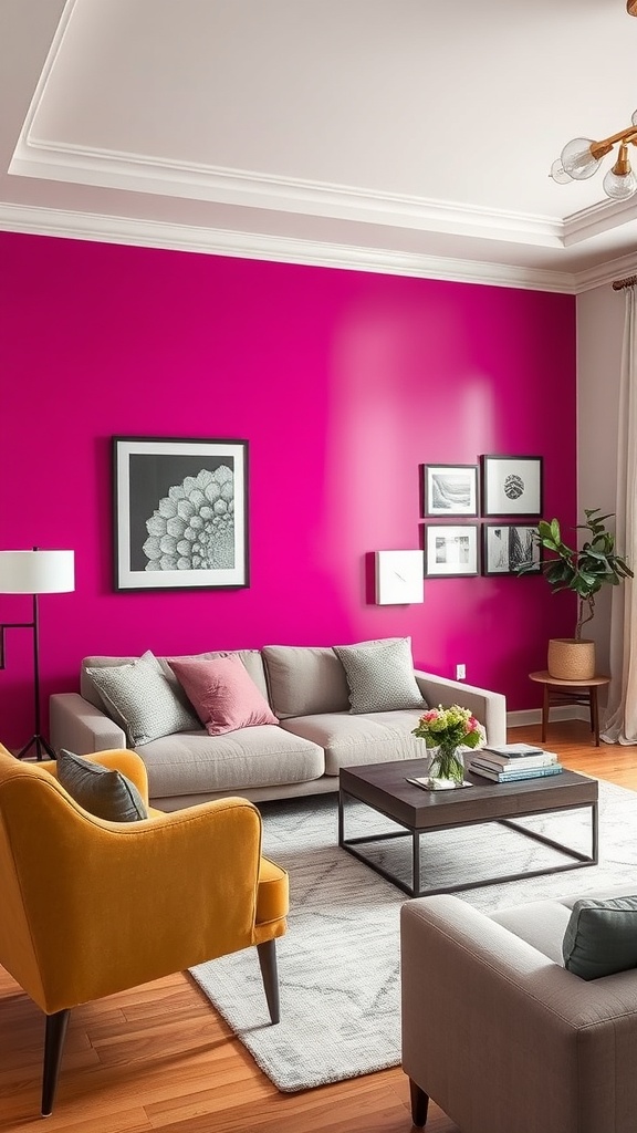 A stylish living room featuring a vibrant fuchsia statement wall, gray sofa, and colorful decor.