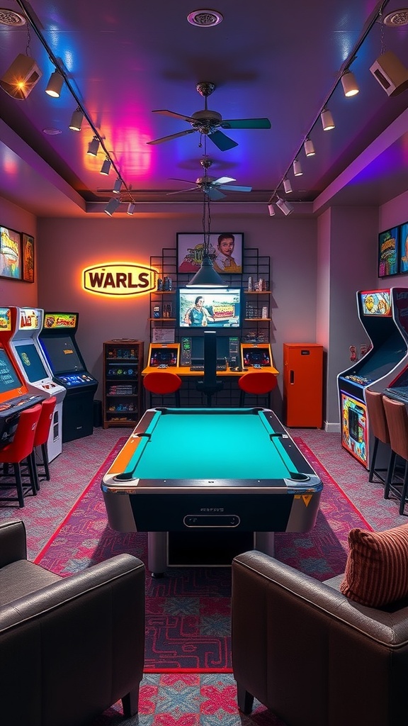 A vibrant game room featuring a pool table, arcade machines, and cozy seating.