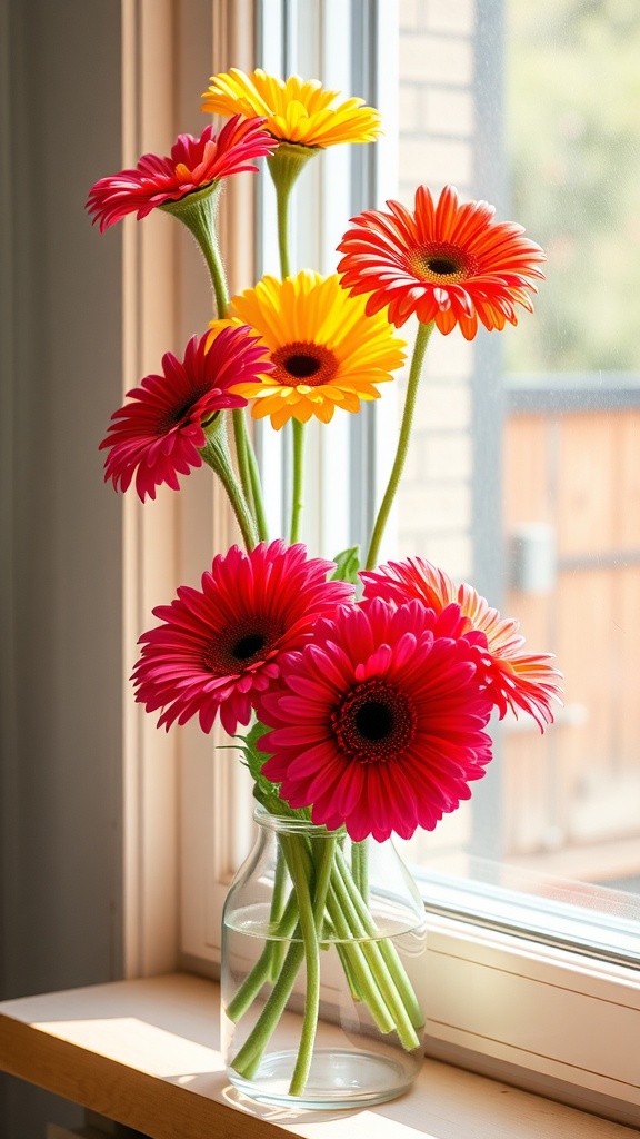 A vibrant display of Gerbera daisies in a glass vase by a window.