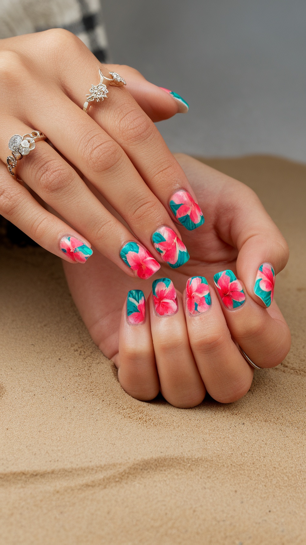 Nails with vibrant hibiscus floral designs on a turquoise background
