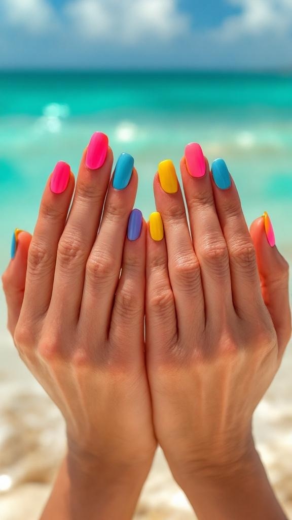 A hand with vibrant neon pink and green nails, adorned with rings, against a beach background.
