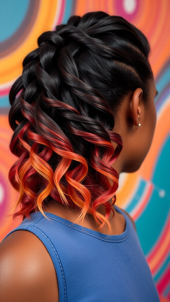 A vibrant ombre weave hairstyle featuring a blend of black, orange, and red curls.
