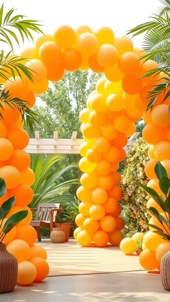 An orange balloon arch surrounded by greenery, creating a vibrant atmosphere.