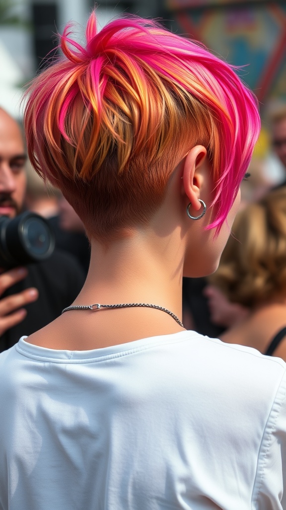 A vibrant pixie cut with bright pink and orange hues, showing an edgy hairstyle suited for festivals.