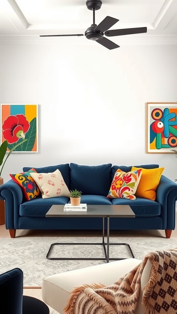 Navy blue sofa with colorful pillows and artwork in a bright living room