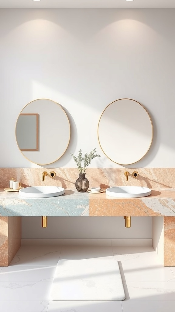 A modern bathroom with a dual sink quartz countertop featuring peach and blue tones, round mirrors, and simple decor.