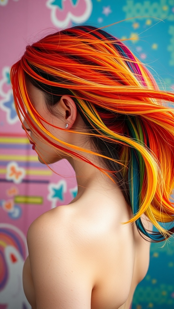 A woman with vibrant rainbow hair, displaying a mix of colors including red, orange, yellow, green, blue, and purple, against a colorful backdrop.