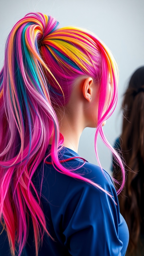 A person with vibrant rainbow hair styled in a high ponytail, showcasing bright colors like pink, yellow, blue, and purple.