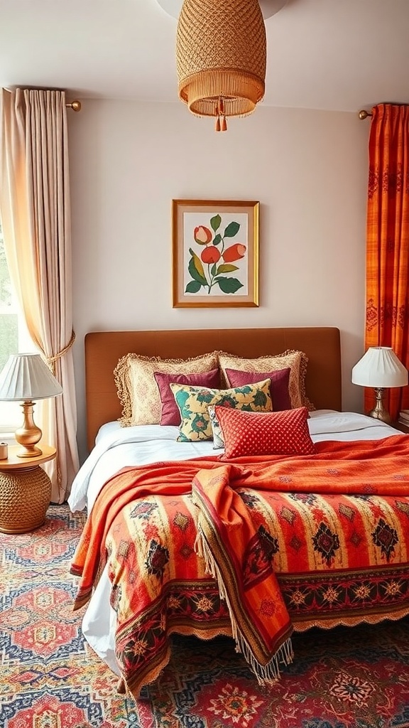 A modern Indian bedroom featuring vibrant textile accents with an orange and red patterned blanket, colorful pillows, and an intricate rug.