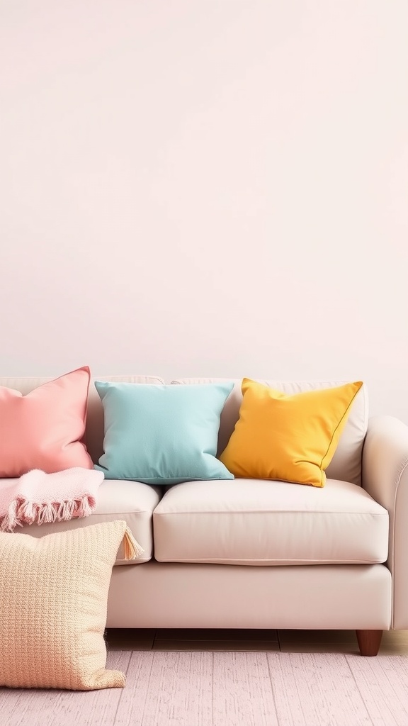 A cozy sofa with vibrant throw pillows in pastel shades.