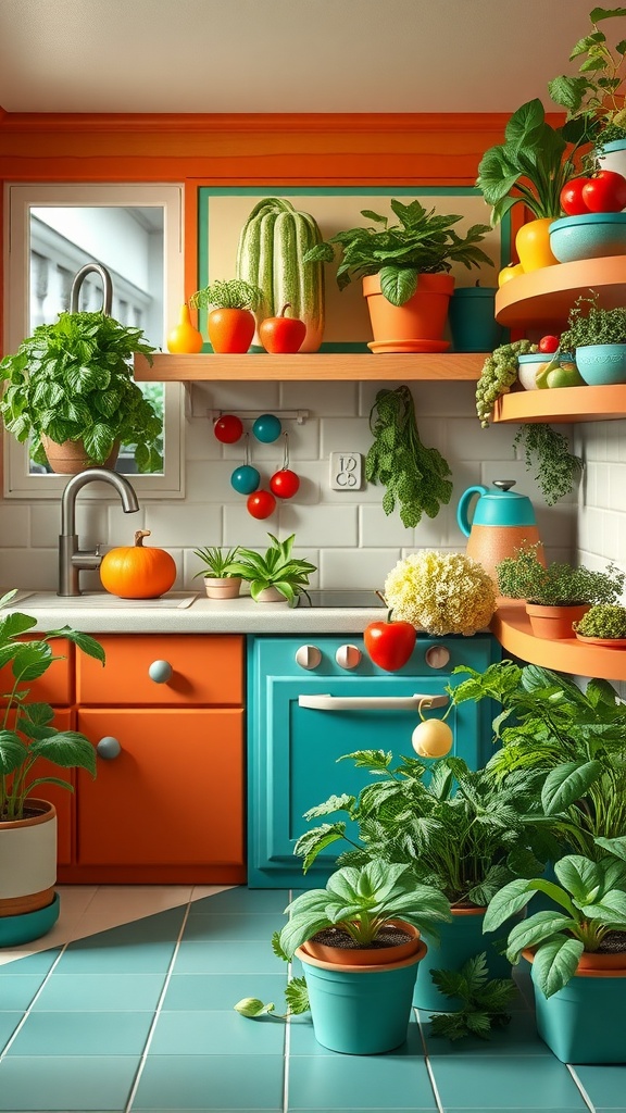 A colorful kitchen featuring vibrant vegetable pots and fresh herbs on the shelves and countertop.