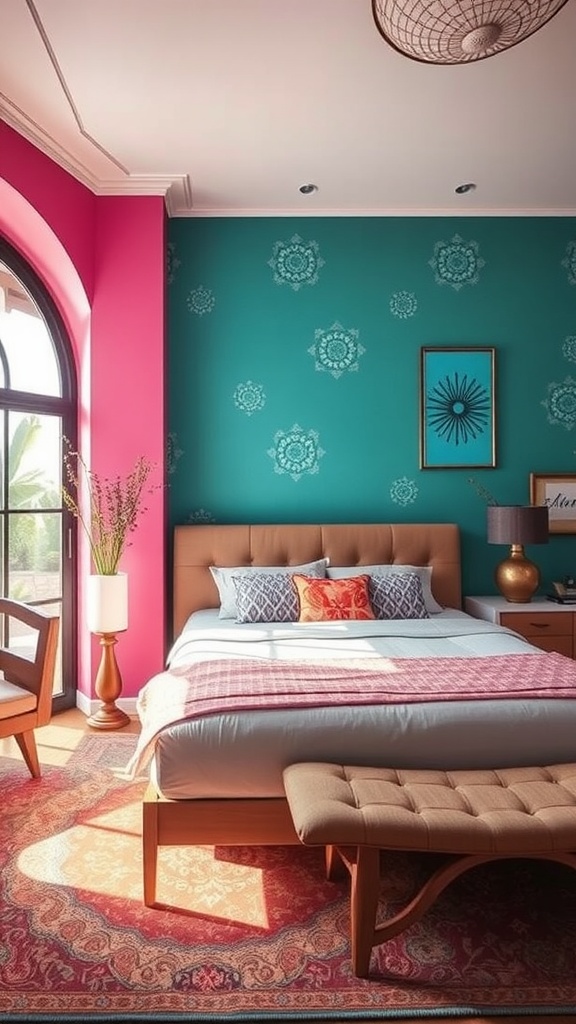 A modern Indian bedroom featuring a teal wall with intricate designs and a pink accent wall, showcasing vibrant colors and cozy textures.