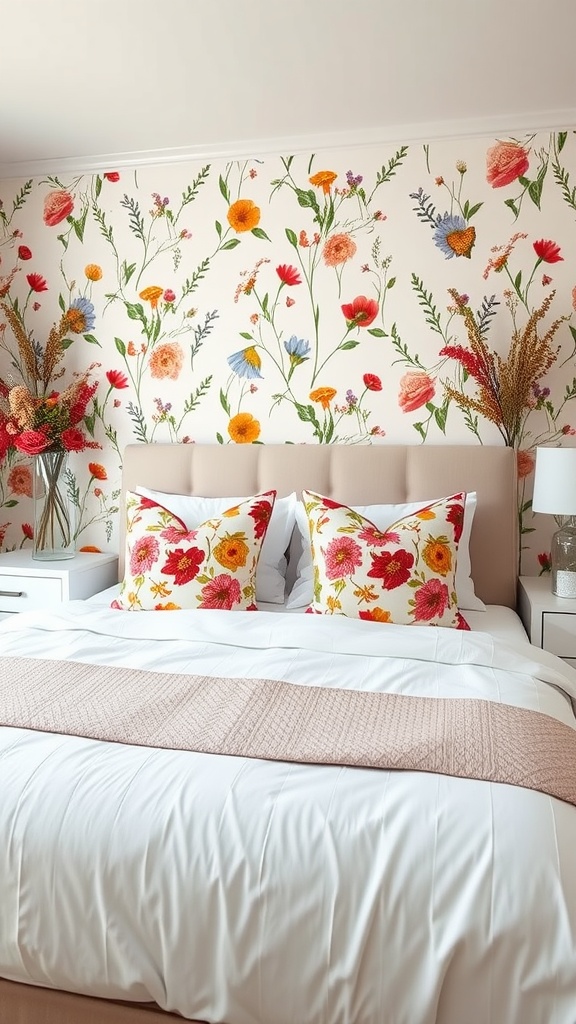 A bright bedroom with floral wallpaper and colorful bedding, featuring wildflowers and decorative arrangements.