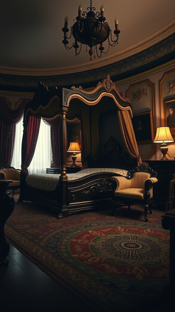 A Victorian-inspired bedroom featuring a four-poster bed, plush seating, and an ornate chandelier.